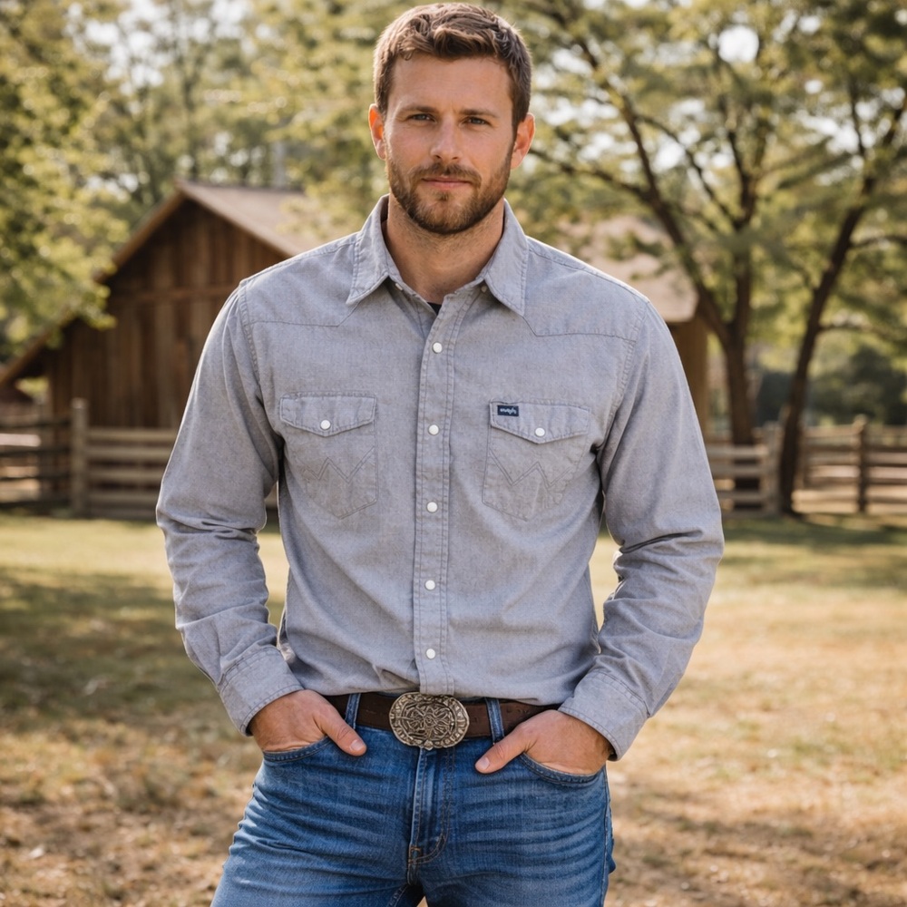 Wrangler Light Grey Western Long Sleeve Pearl Snap Workwear Utility Unisex‎